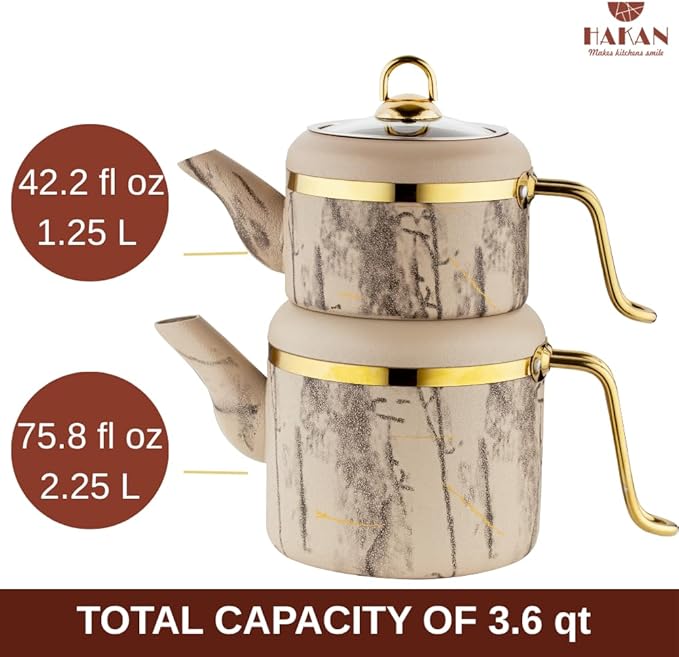 Hakan Melody Turkish Tea Pot Set | 3.5 L Tea Kettles for Stovetop with Stainless Steel Handless and Glass Lid | Aluminum Body Tea Maker | Double Stovetop Kettles with Granite Cover (cream) - Bloomnest
