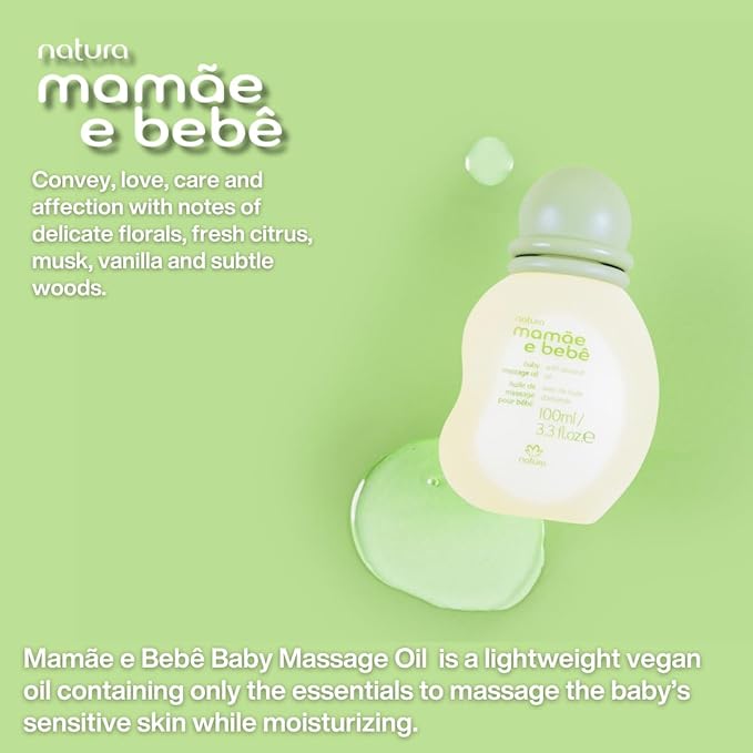 Natura - Mamãe e Bebê Baby Massage Oil - 100% Vegan - Safe & Gentle Lightweight Formula - 99% Natural Origin - All Skin Types - Cruelty Free - Brazilian Beauty - Baby Essentials - 3.38 fl oz (100ml) - Bloomnest