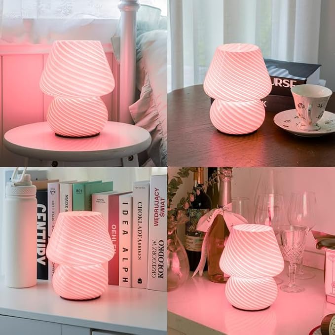 Battery Operated Mushroom Lamp-Cute Small Pink Aesthetic Table Lamp with Timer,Cordless Bedside Lamp for Girl Gifts,Glass Decorative Lamp for Bedroom/Entryway/Shelf/Desk Decor/Dorm/Office - Bloomnest