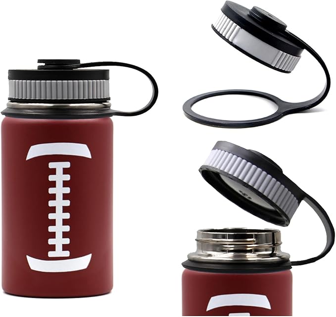 12 oz Football Water Bottle with Straw, Sports Flask Metal Travel Tumbler with 2 Lids, Stainless Steel Double Wall Vacuum Insulated Leak Proof Thermo Water Bottles, Football Gear Gifts for Boys Girls - Bloomnest