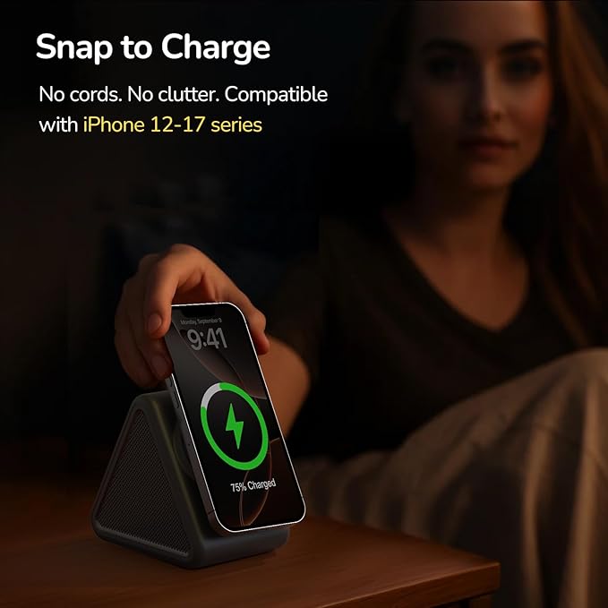 Housbay Sound Machine with Magnetic Wireless Charger for iPhone, 2-in-1 Design for Clutter-Free Nightstand, Dual-Speaker Stereo Sound for Sleeping - Black - Bloomnest