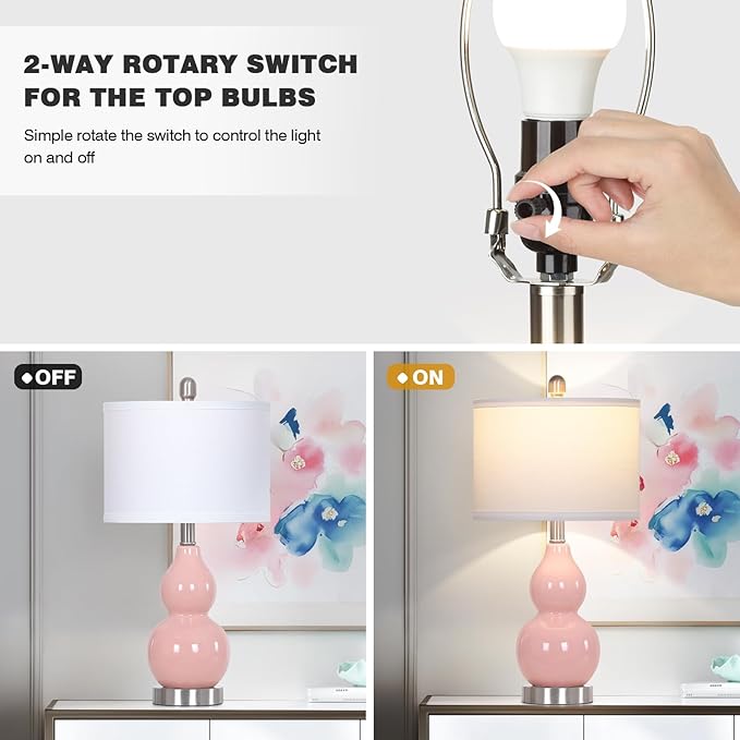 22" Double Gourd Ceramic Table Lamps Set of 2, Pink Modern Bedside Lamps for Living Room, Contemporary Nightstand Desk Lamps for Bedroom End Table Home Office Decor(2 LED Bulbs Included) - Bloomnest