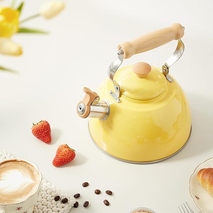ROCKURWOK Tea Kettle, Tea Pot with Cool Touch Ergonomic Handle, Teapot Food Grade Stainless Steel, Tea Kettle Stovetop, Kettle Teapot, Whistling Tea Kettle, Tea Pot, 2.7 Quart (Yellow) - Bloomnest