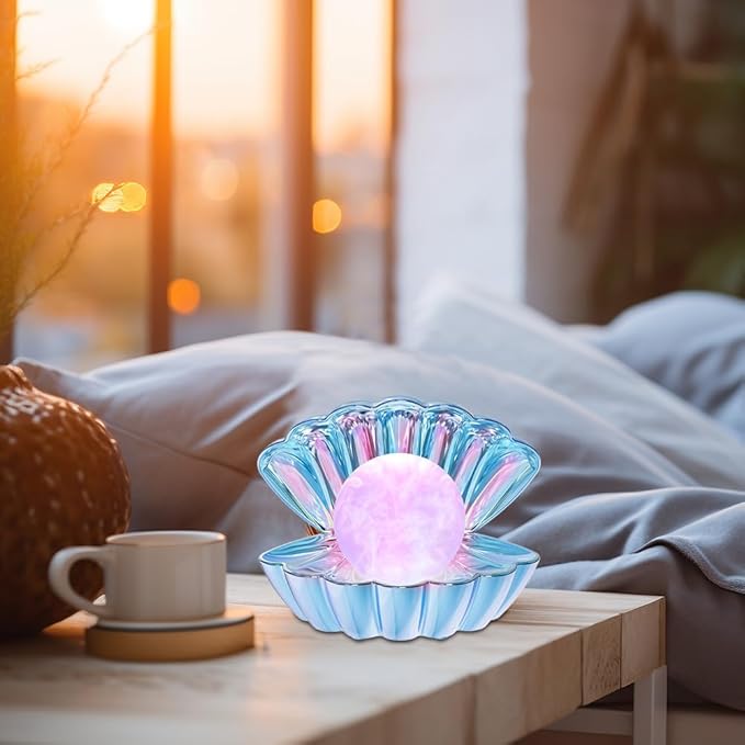 Shell Pearl Beach Themed Night Light, RGB 8 Colors Changing Mood Shell Pearl Lamps, Bedside LED Clamshell Portable Night Lights for Bar (Electroplating Blue) - Bloomnest