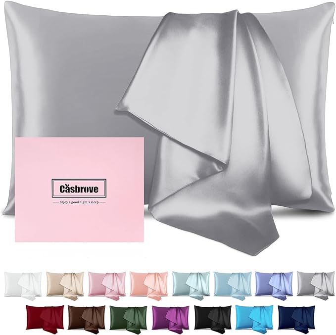 Silk Pillowcase for Hair and Skin - Mulberry Silk, Soft Breathable Smooth Both Sided With Zipper - Beauty Sleep Pillow Case for Gift (Queen, Silver Gray) - Bloomnest