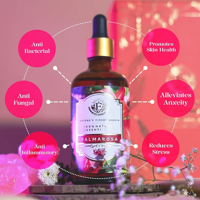 Luxurious Palmarosa Essential Oil by Enhanced Essentials| Slow Distilled & Pure| for Home,Diffusers,Skin & Hair Care,Aromatherapy,Bath,Perfume,Soap & Candle Making|with Glass Dropper|100 ml - Bloomnest
