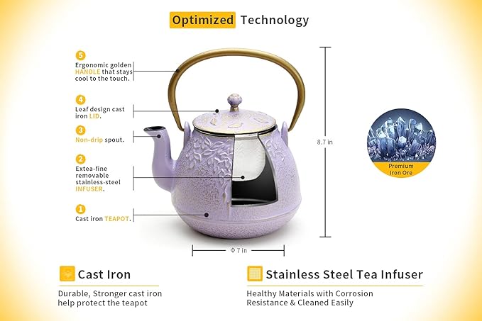 Tea Kettle, TOPTIER Japanese Cast Iron Teapot with Stainless Steel Infuser, Cast Iron Tea Kettle Stovetop Safe, Leaf Design Teapot Coated with Enameled Interior for 40 Ounce (1200 ml), Purple - Bloomnest