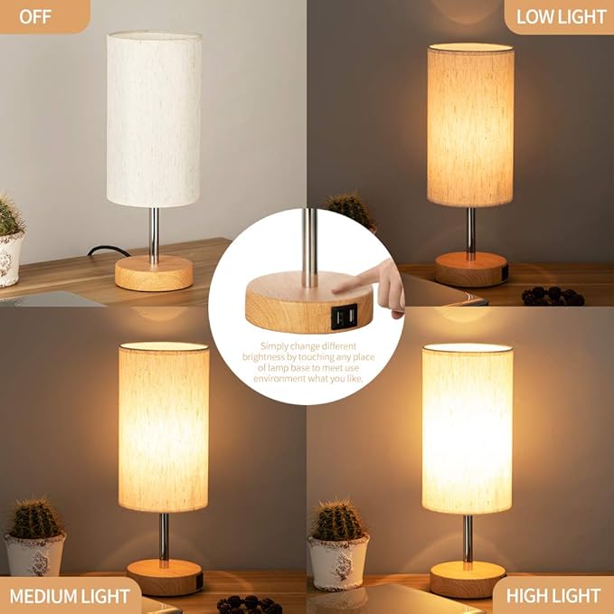 Yarra-Decor Bedside Lamps with USB Port - Touch Control Table Lamp for Bedroom Wood 3 Way Dimmable Nightstand Lamp Set of 2 with Round Flaxen Fabric Shade for Living Room, Dorm, Home Office (2 Pack) - Bloomnest