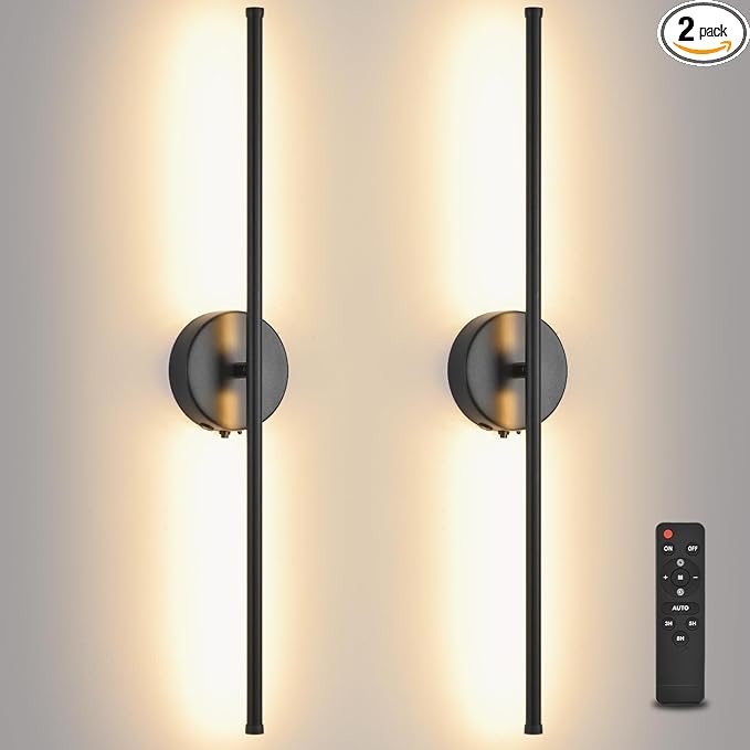 Wall Sconces Battery Operated Set of 2, Black LED Wireless Wall Sconce with Remote Control 350° Rotating, 27.6 Inch Dimmable USB Rechargeable Wall Lights for Living Room Bedroom Hallway - Bloomnest