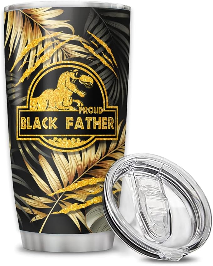 Proud Black Father Dinosaur Tumbler, 20oz or 30oz Custom Stainless Steel Mug with Kids' Names, Cute Dino Characters, Gift for Dad from Children, Personalized Father's Day Travel Cup - Bloomnest