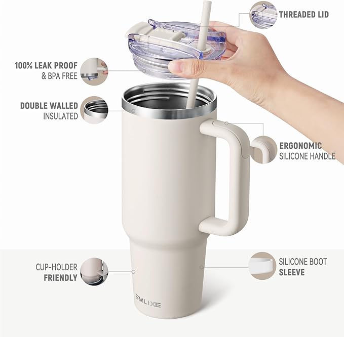 40 oz Tumbler with Handle and Straw Lid,Insulated Reusable Stainless Steel Water Bottle Travel Mug，Cupholder Friendly Double Wall Vacuum Sealed Cup (Almond Birch) - Bloomnest