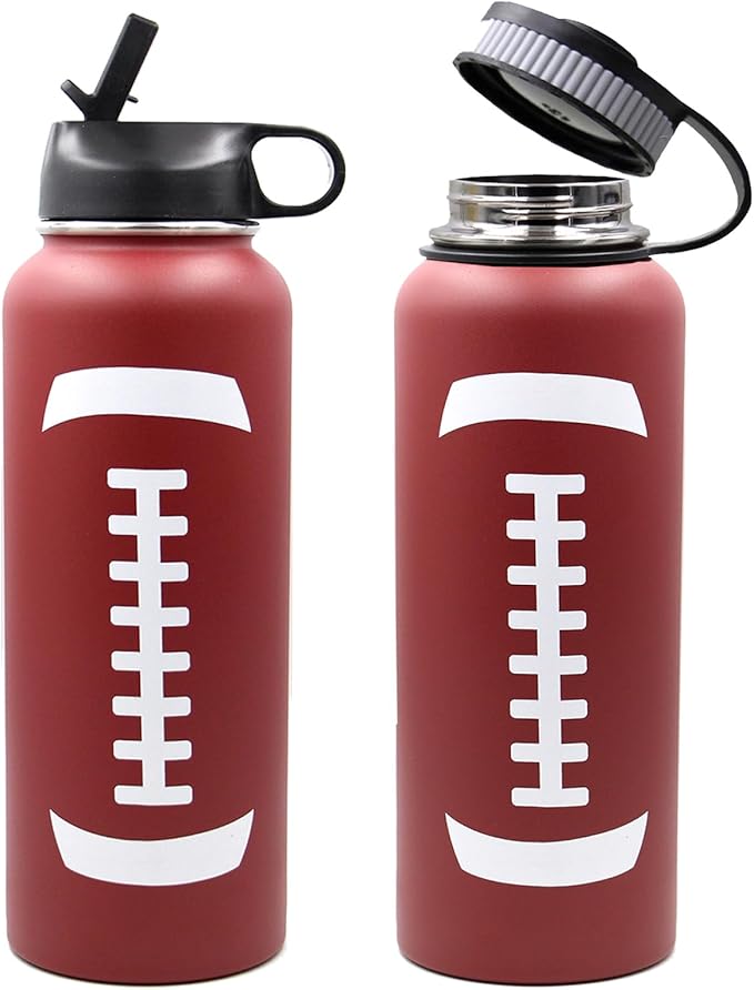 40 oz Football Water Bottle with Straw, Wide Mouth Sports Flask Metal Travel Tumbler with 2 Lids, Stainless Steel Double Wall Vacuum Insulated Thermo Water Jug, Football Gear Gifts for Boys Girls - Bloomnest