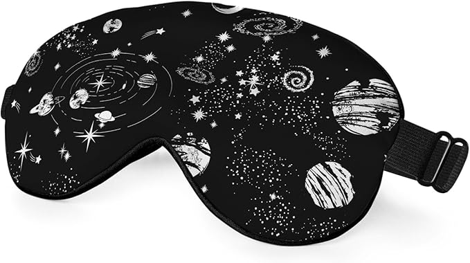Space Galaxy Sleep Eye Mask Universe Star Moon Planets Constellation Black Silk Eye Mask Sleeping Soft for Men Women Boy Girl Airplane Travel with Elastic Strap - Bloomnest
