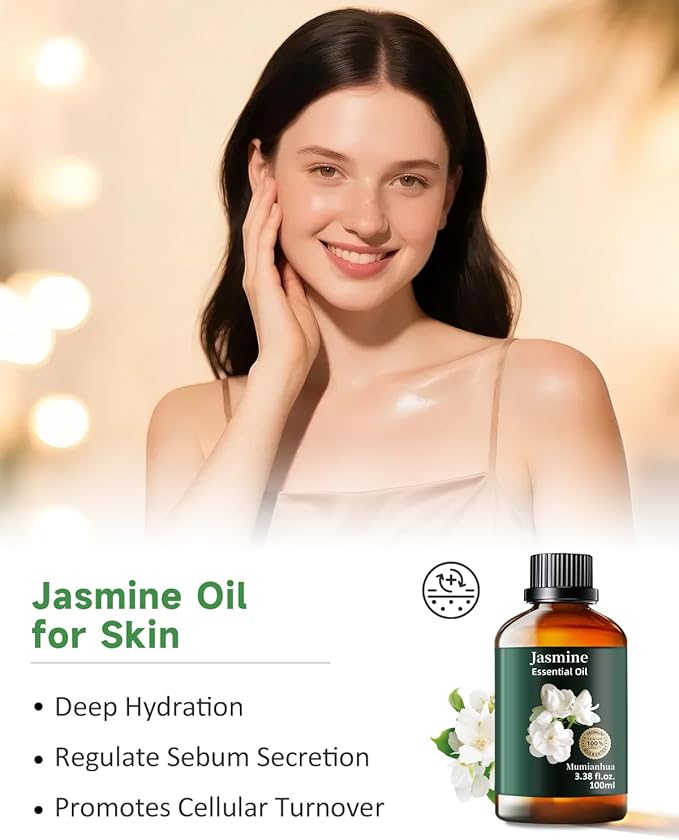 Pure Jasmine Essential Oil,Mumianhua Natural Jasmine Oil for Diffuser, Evening Atmosphere, Floral Bliss, Diffusion, Aromatherapy, Cleaning, Skin, Hair, Massages,Perfume, Candle Making 3.38 Fl Oz - Bloomnest
