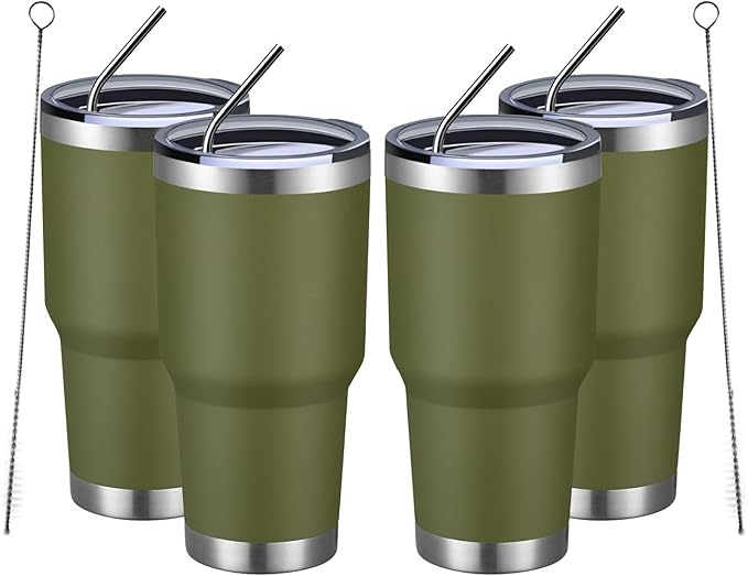 MEWAY 30oz Insulated Tumbler With Lids and Straws,Stainless Steel Double Vacuum Coffee Tumbler Cup, Brush, Durable Powder Coated Coffee Cup for Cold & Hot Drinks, Office, Travel(Army Green,4 PACK) - Bloomnest