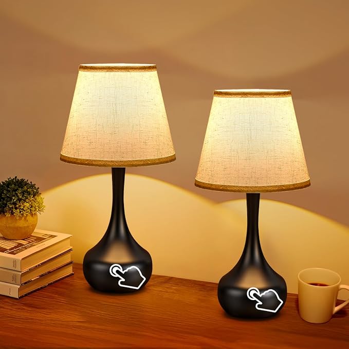 Touch Table Lamp for Bedroom Set of 2, Farmhouse 3-Way Dimmable Table Lamps for Nightstand with Fabric Shade, Lamps for Living Room，Desk Lamps for Home Office, Black Lamp for Bedroom - Bloomnest