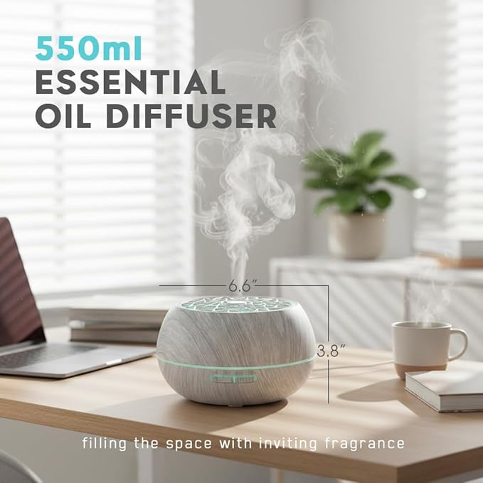 550ml Large Capacity Essential Oil Diffuser 6 Essentil Oil Set Aromatherapy Ultrasonic Air Humidifier with Timer and 7 Color LED Night Light Remote Control Waterless Auto-Off White Wood Grain - Bloomnest