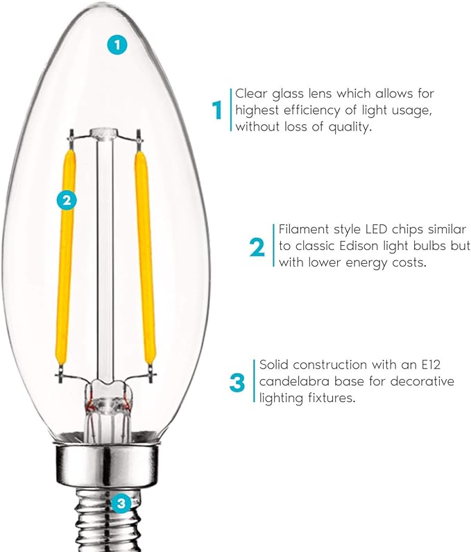 LUXRITE 4W Vintage Candelabra LED Bulbs Dimmable, 400 Lumens, 3000K Soft White, LED Chandelier Light Bulbs 40W Equivalent, Clear Glass, Filament Candle Bulb, UL Listed, E12 Base (6 Pack) - Bloomnest