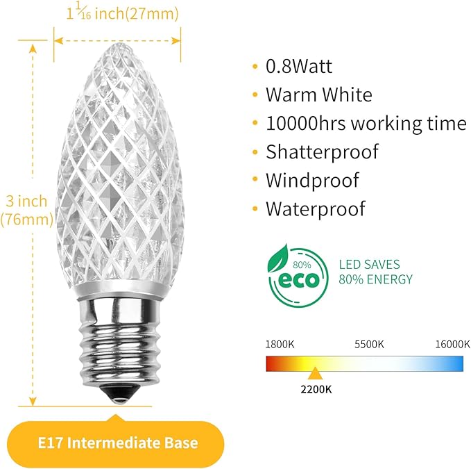 Meconard C9 Led Replacement Christmas Light Bulbs, C9 Shatterproof Led Bulbs for Christmas Indoor Outdoor String Lights,E17 Intermediate Base, Commercial Grade Holiday Bulbs, Warm White, 50Pack - Bloomnest
