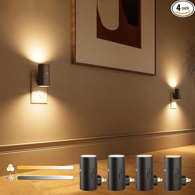 VOLISUN Night Lights Plug into Wall, Dimmable LED Nightlight with Dusk to Dawn Light Sensor, 0-100LM Adjustable Brightness, 3 Color Temperatures, Compact Size Black 4 Pack for Hallway,Bedroom,Bathroom - Bloomnest