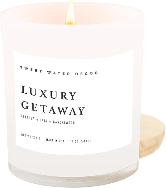 Sweet Water Decor Luxury Getaway Scented Candles - Soy Candles with Lemon, Cedarwood, Cinnamon, Vetiver, Amber & Musk Home Scent - Candle Wax with 50 Hours Burn Time - 11Oz Wood Lid White Jar Candles - Bloomnest