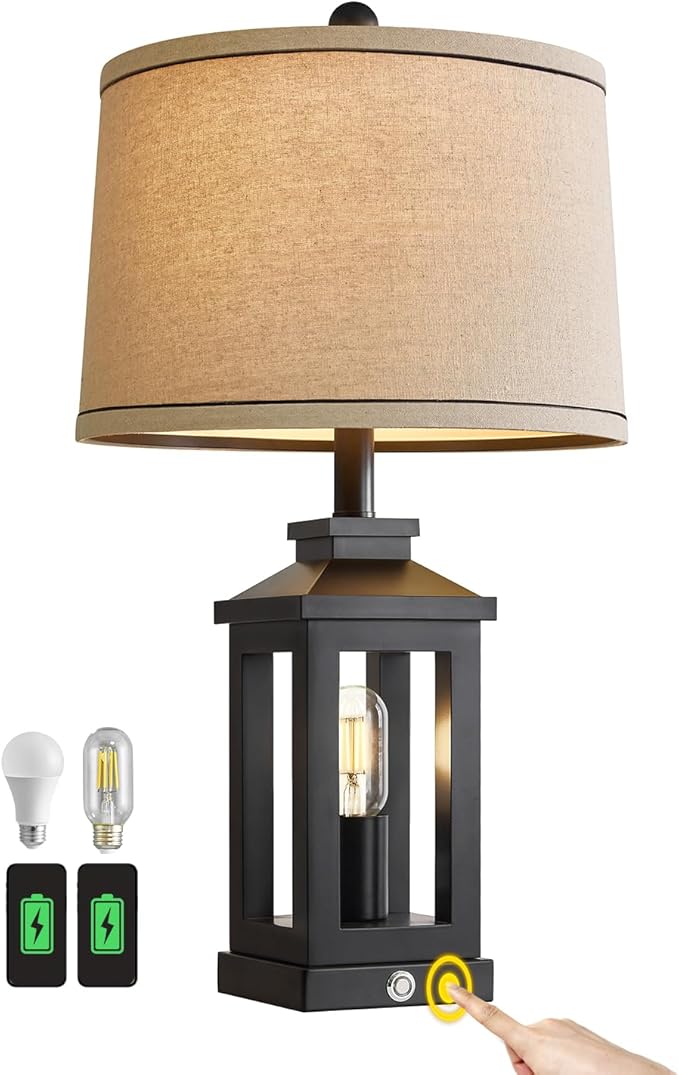 23.75" Retro Farmhouse Black Table Lamp for Living Room Bedroom Nightstand Single Pack Touch Control Bedside Nightlight Vintage Modern Lamp with USB C+A Ports and 2 Light Sources - Bloomnest