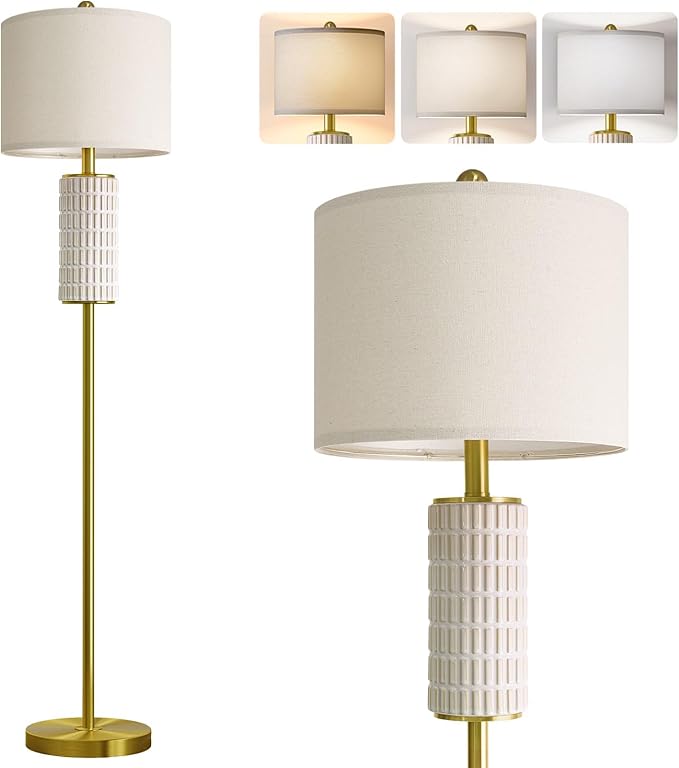 PoKat Ceramic Gold Floor Lamp with Remote, 64" Modern Floor Lamps for Living Room with Stepless Dimmable Colors Temperature, Tall Standing Lamp for Living Room Bedroom Reading, 9W Bulb Included - Bloomnest