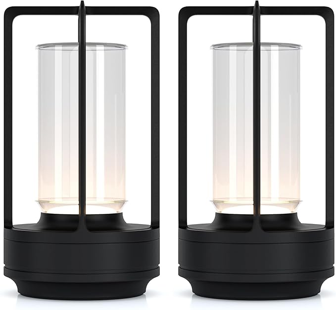 Portable Metal Table Lamp for Indoor/Outdoor ,Rechargeable Cordless LED Lamp, 3-Colour Infinitely Dimming Battery Powered Small Desk Lamp, Restaurant/Bedroom/Bar/Coffee/Camping Light (Black Set of 2) - Bloomnest