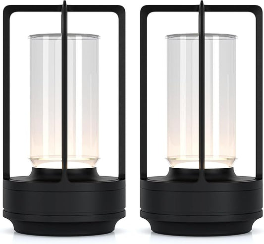 Portable Metal Table Lamp for Indoor/Outdoor ,Rechargeable Cordless LED Lamp, 3-Colour Infinitely Dimming Battery Powered Small Desk Lamp, Restaurant/Bedroom/Bar/Coffee/Camping Light (Black Set of 2) - Bloomnest