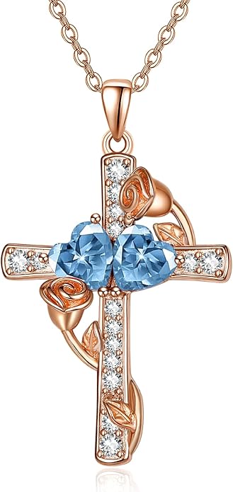 Rose Gold Dual Birthstones Cross Necklace for Women Rose Flower Jewelry Anniversary Christmas Mother's Valentine's Day Birthday Gift for Wife Girlfriend Mom - Bloomnest