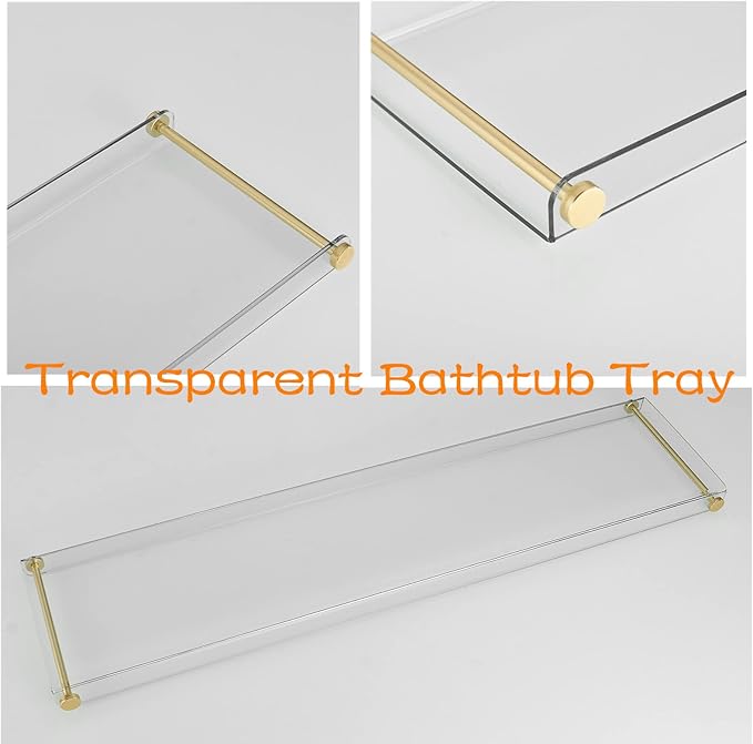 Bathtub Tray Clear Caddy Rack: Acrylic Tub Tray Shelf with Gold Rails to Hold Book Phone Candle Wine - Waterproof Bathtub Accessories, Luxury Gifts for Women - Bloomnest