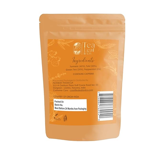 Tealeaf & Co. Turmeric Tulsi Holy Basil Green Tea Loose Leaf - Turmeric, Tulsi & Peppermint Tea Blended with Fresh Herbs & Spices - 50 Servings, Low Caffeine & Gluten Free (3.52oz/100gm) - Bloomnest