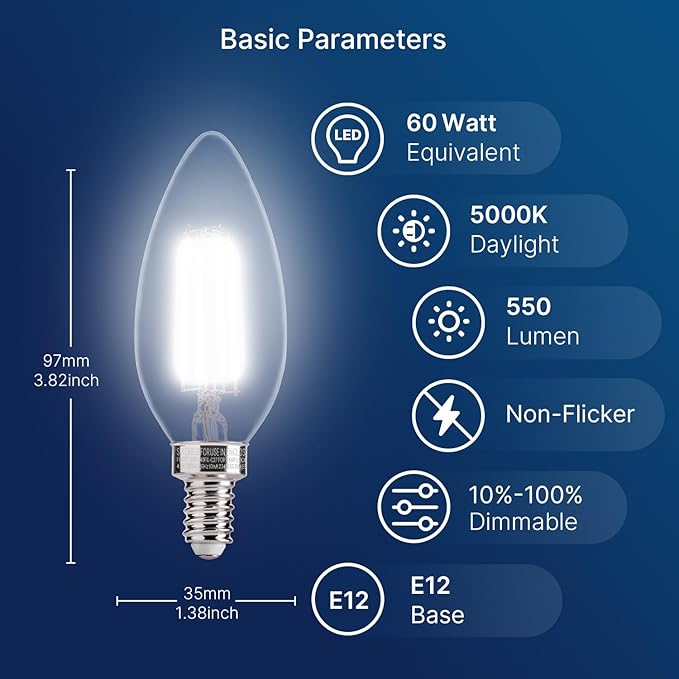 FLSNT 5000K Daylight 60W Equivalent Dimmable LED Candelabra Bulbs, B11 LED E12 Base Chandelier Light Bulbs, 550LM, CRI90, 12 Pack - Bloomnest