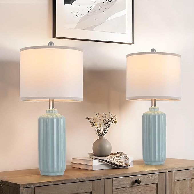 Lamp for Living Room Bedroom Lamps Farmhouse Table Lamps Set of 2 Vertical Stripe Ceramic Table Lamp,Linen Shade with Bulb, 25 in High,Light Blue - Bloomnest