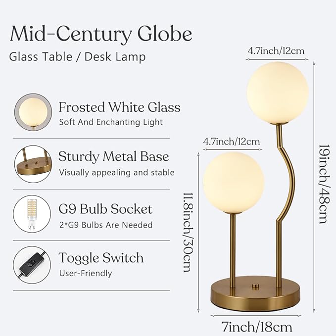 Mid Century Gold Globe Table Lamp 2-Light Orb Modern Beside Desk Table Light with Milk White Glass Shade Metal Base Nightstand Lamp for Bedroom Bedside - Bloomnest