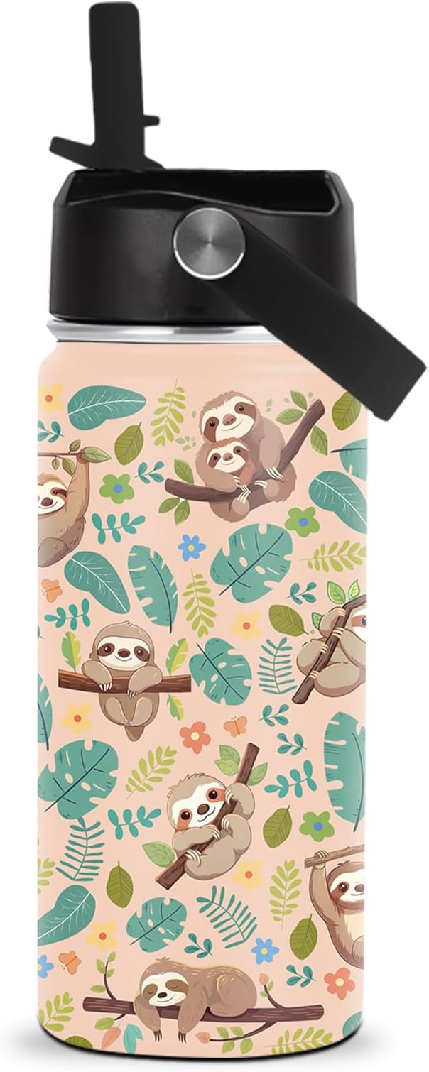 Sloth Water Bottle, 16oz Kids Stainless Steel Insulated Water Bottle with Straw Lid, Sloths Cup Tumbler Gifts for Sloth Lovers Women Girls - Bloomnest