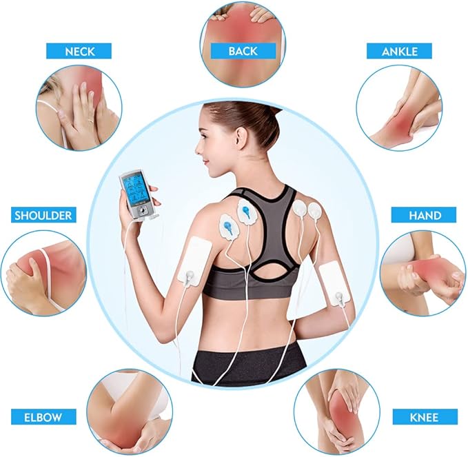 24 Modes Tens Unit Muscle Stimulator, Rechargeable Tens Machine with 8 Electrode Pads (American Gel), Electric Pulse Massager for Pain Relief Therapy(Silver) TECBEAN