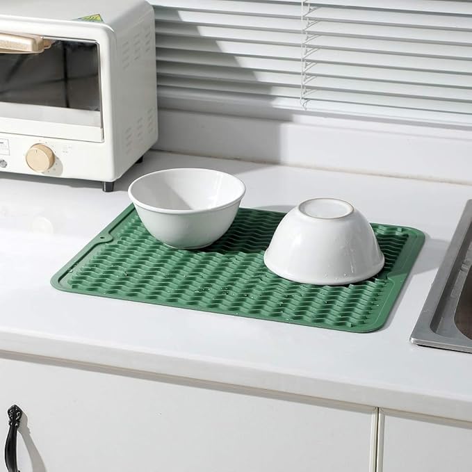 Silicone Dish Drying Mat for Multiple Usage,Easy clean,Eco-friendly,Heat-resistant Silicone Mat for Kitchen Counter or Sink,Refrigerator or drawer liner Green L 16 inches x 12 inches - Bloomnest