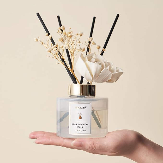 Airkeep Flower Reed Diffusers Set, 5.07 oz Clean Aldehydes Musk Scented Oil Diffuser with 8 Reed Sticks, Home Fragrance Diffuser Gift Set for Bathroom & Office Decor 150ml - Bloomnest