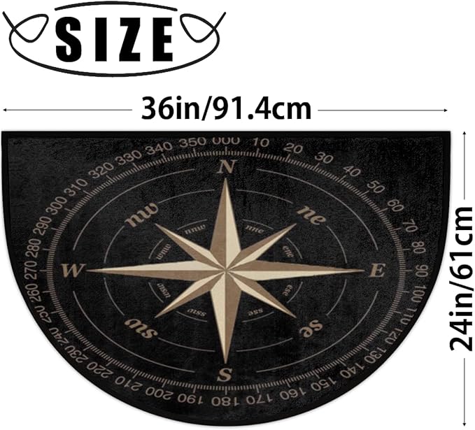Half Round Door Mat, Compass Rose Non-Slip Half Circle Area Rug Artwork Black Doormat Washable Durable Home Decor Half Moon Rug for Floor Indoor Outdoor Living Room Bedroom Kitchen Patio - Bloomnest
