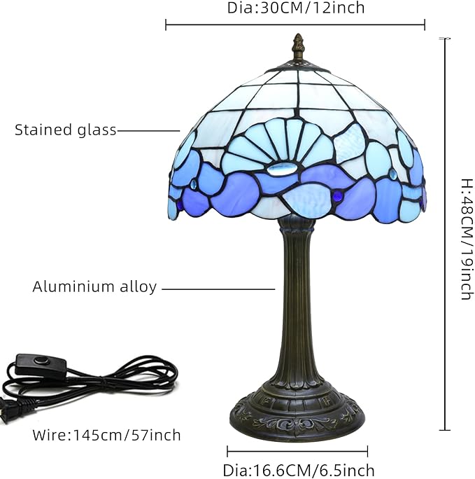 Blue Sea Style Stained Glass Table Lamps Shell Tiffany Lamp Bedroom Bedside Living Room Aesthetic Vintage Accent Farmhouse Night Light for End Table Office Nightstand End Table Desk Reding 12X19 Inch - Bloomnest