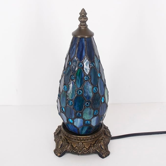Small Tiffany Lamp Stained Glass Table Lamp 5.5X11 Inch Christmas Tree Lighthouse Mini Accent Memory Sympathy Antique Night Light for Bedroom Living Room (Blue Pearl)