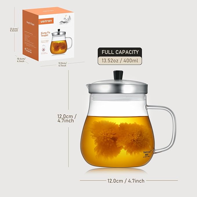 400ml (13.52 oz) Glass Teapot with Stainless Steel Strainer, Clear Teapot for Stovetop, Home, Office or Solo Tea Drinking - Bloomnest