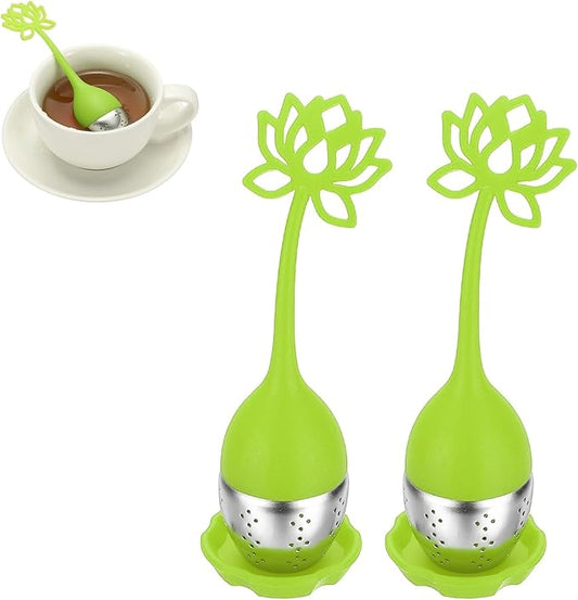uxcell 2 Pcs Lotus Tea Infuser, Stainless Steel Loose Leaf Tea Steeper Filter with Silicone Handle Reusable Coarse Pores Mesh Strainer Diffuser for Teacups Teapots Mugs, Green