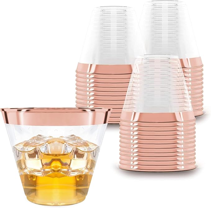 Prestee 100 Rose Gold Plastic Cups - Rose Gold Plastic Cups 9 oz - Party Decorations - Disposable Wine Cup - Clear Cup - Bulk Party Wine Glasses - Bloomnest