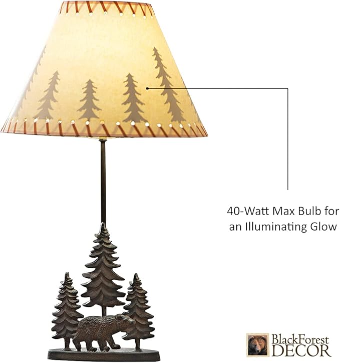 BLACK FOREST DECOR Bear & Trees Metal Table Lamp - Rustic Cabin Lighting - 24.5" x 8" x 3.75" - Bloomnest