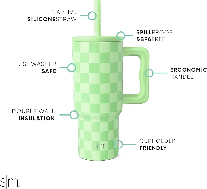 Simple Modern Kids 24 oz Tumbler with Handle and Silicone Straw Lid, Spill Proof & Leak Resistant, Reusable Stainless Steel Bottle, Trek Collection, Lime Checkmate (Pack of 12) - Bloomnest