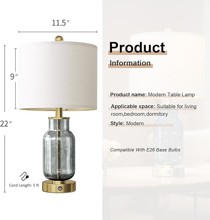 Oneach 22" Glass Table Lamps Set of 2, Gray Modern Bedside Lamp with LED Night Light for Living Room, Nightstand Lamp with USB Ports for Bedrooms, Study Room, End Table(2 Bulbs Included) - Bloomnest