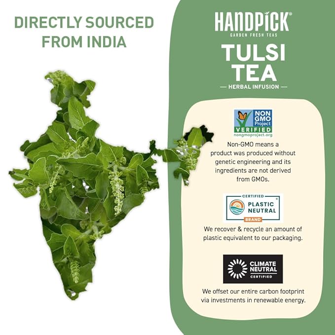 HANDPICK Original Tulsi Tea (100 count) Holy Basil Calming and Stress Relief Tea, Immune Support | Non-GMO, Caffeine-Free Herbal Tea | Ecofriendly Round Tea Bags - Bloomnest