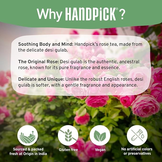 HANDPICK, Rose Buds Herbal Tea Bags - 50 Count | Caffeine Free Rose Tea with Chamomile & Tulsi | Floral & Smooth | Round Eco-conscious Tea Bags - Bloomnest